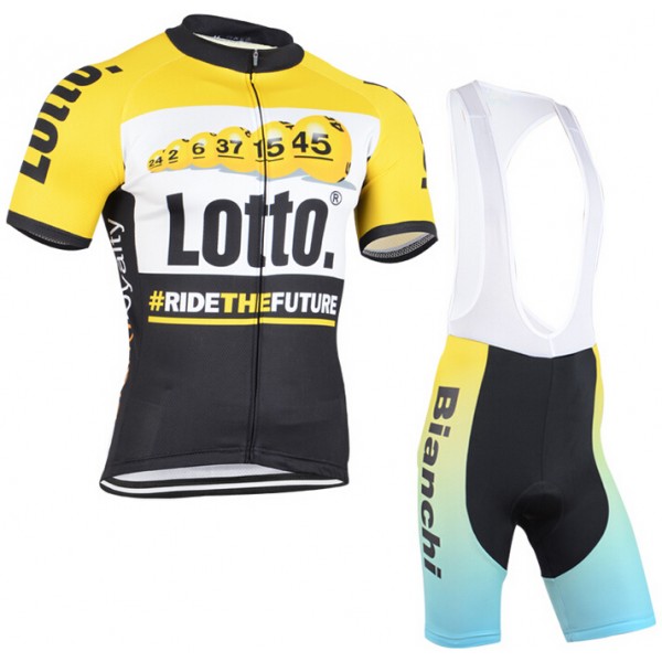 2015 Lotto Radtrikot Kurzarm und Bianchi Kurz Trägerhose
