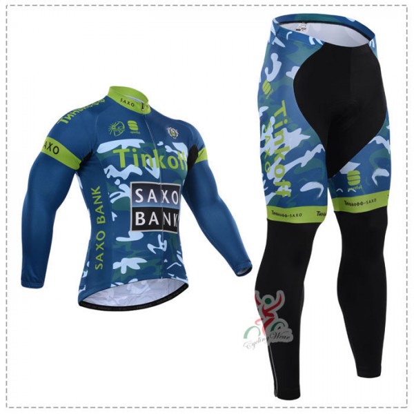 2015 Tinkoff Saxo Bank Camouflage Blau Fahrradbekleidung Radtrikot Satz Langarm und Lange Fahrradhose Grün