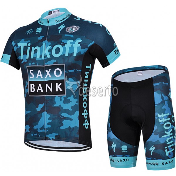 2015 Saxo Bank Tinkoff Radbekleidung Radtrikot Kurzarm und Fahrradhosen Kurz Camouflage Blau