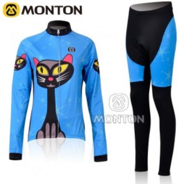 2011 Monton Blue Cat Damen Thermal Fahrradbekleidung Radtrikot Satz Langarm und Lange Fahrradhose