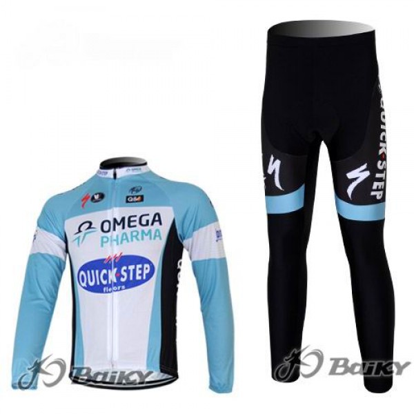 Omega Pharma Quick Step Pro Team Radbekleidung Satz Fahrradtrikot Langarm und Lang Radhose Blau Weiß