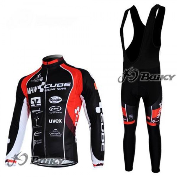 MHW Cube Racing Team Fahrradbekleidung Radtrikot Satz Langarm und Lange Trägerhose Rot Schwarz