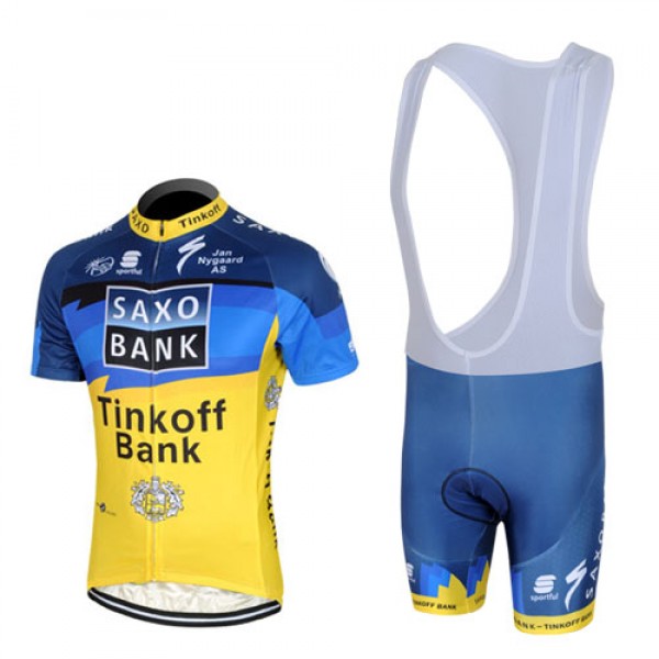 2013 Saxo Bank Tinkoff Pro Team Fahrradbekleidung Satz Fahrradtrikot Kurzarm Trikot und Kurz Trägerhose Blau Gelb