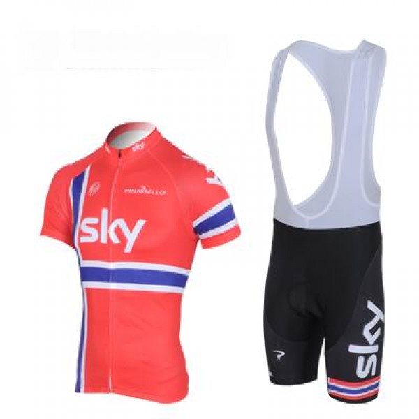 2013 Team Sky Norwegisch Champion Fahrradbekleidung Satz Fahrradtrikot Kurzarm Trikot und Kurz Trägerhose Rot Schwarz