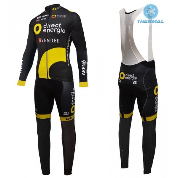 2016 Direct Energie Team Schwarz thermisch Fahrradbekleidung Satz Radtrikot Langarm+Lang Trägerhose