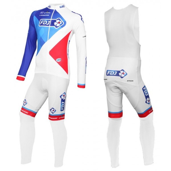 2016 Team FDJ Weiß Fahrradbekleidung Satz Radtrikot Langarm+Lang Trägerhose