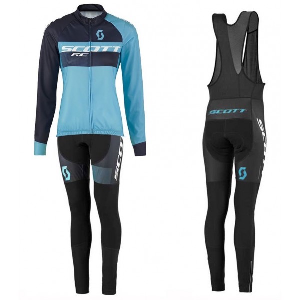 2016 Scott RC Schwarz-Blau Damen Fahrradbekleidung Satz Radtrikot Langarm+Lang Trägerhose