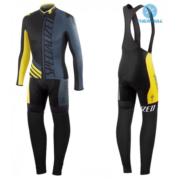 2016 Specialized Pro Team SZK Schwarz-Grau-Gelb thermisch Fahrradbekleidung Satz Radtrikot Langarm+Lang Trägerhose