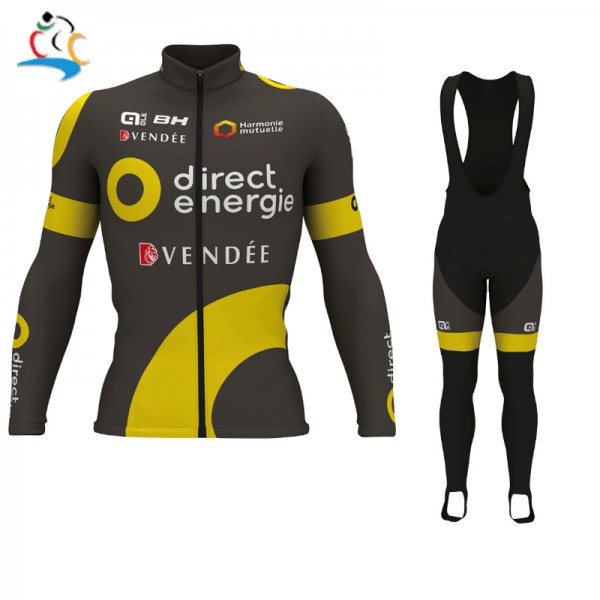 2017 Direct Energie Pro Fahrradbekleidung Satz Radtrikot Langarm+Lang Trägerhose