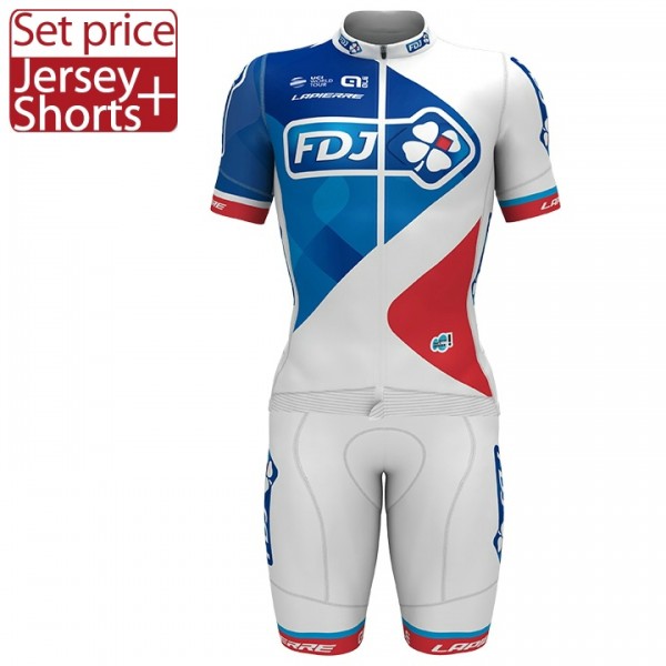 FDJ Pro 2017 Weiß Fahrradbekleidung Satz Radtrikot Kurzarm+Kurz Radhose