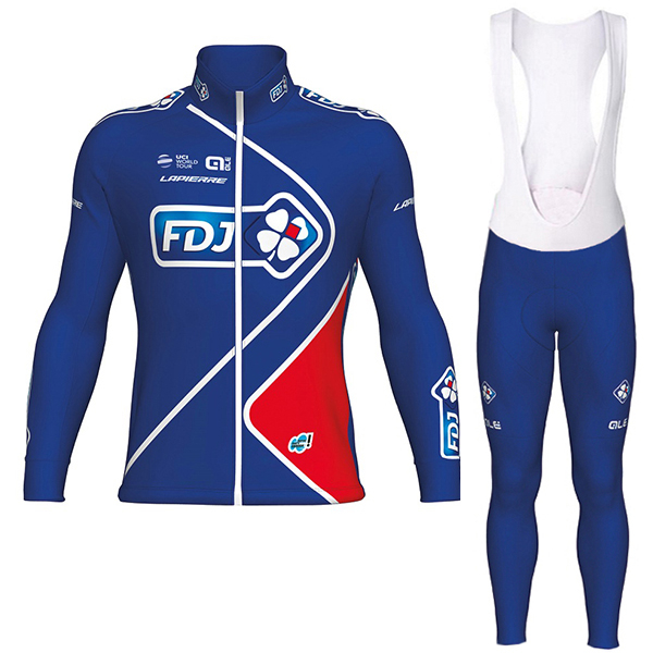 FDJ Pro 2017 Blau Fahrradbekleidung Satz Radtrikot Langarm+Lang Trägerhose