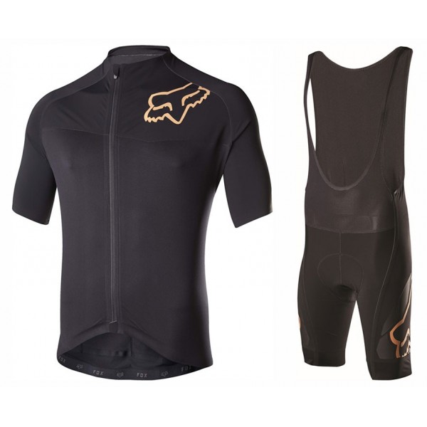 2017 Team FOX Homme Schwarz Gold Fahrradbekleidung Satz Radtrikot Kurzarm+Kurz Trägerhose