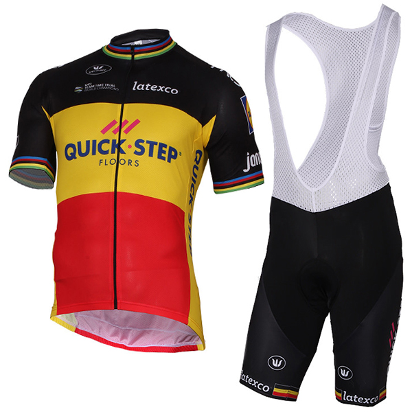 Quick Step Floors 2017 Schwarz Gelb Fahrradbekleidung Satz Radtrikot Kurzarm+Kurz Trägerhose